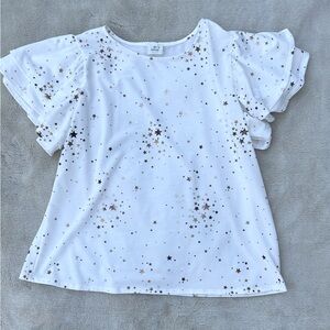 Blue Buttercup cream flutter sleeve top with gold stars L